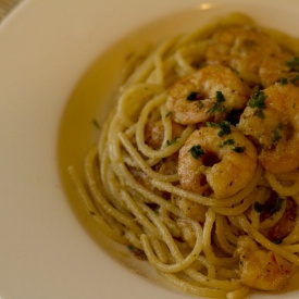 Spaghetti gamberi, lardo e senape